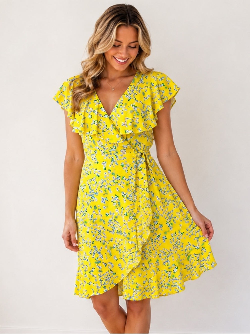 Draper James RSVP Yellow Floral Ruffle Wrap Dress Size S